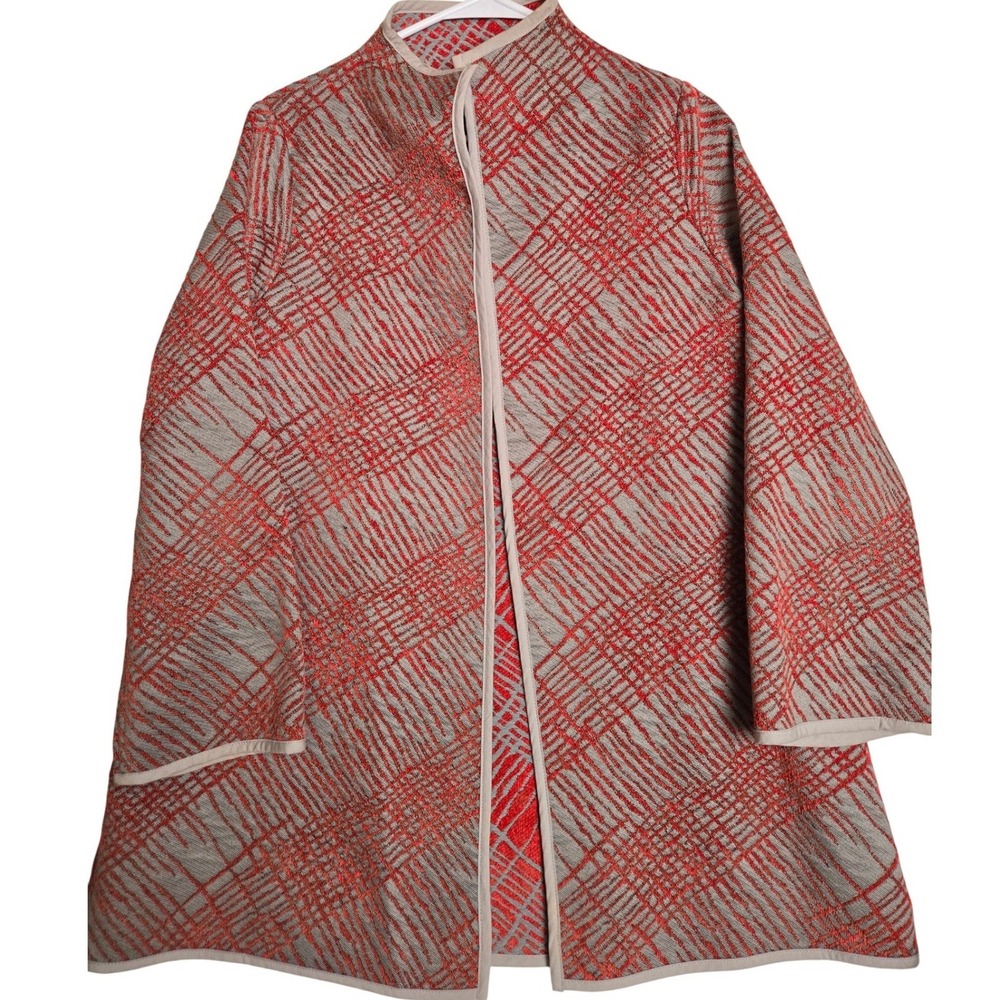Reversible Rust Red Grey Geometric‎ Grid Open Duster Coat Collar Textured Jacket